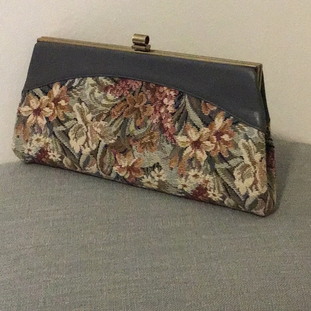 VTG Small Clutch Handbag Gray Leather Tapestry